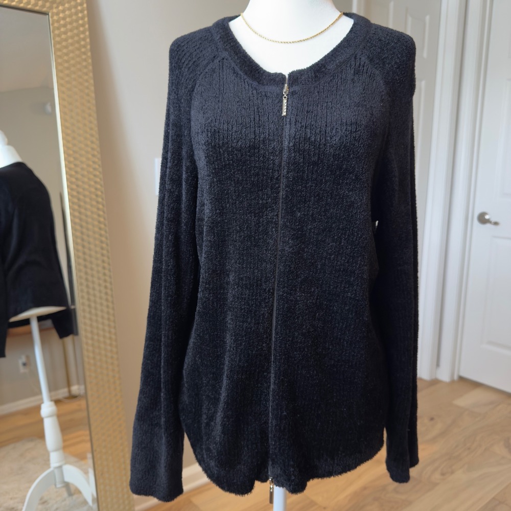 CB Collections‎ Women's Black Fuzzy Knit Zip Up Cardigan Sweater Soft Comfy